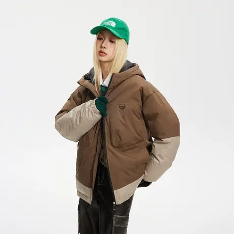复古潮牌拼接连帽棉服女冬季加厚外套2023新款宽松保暖面包服棉衣商品大图