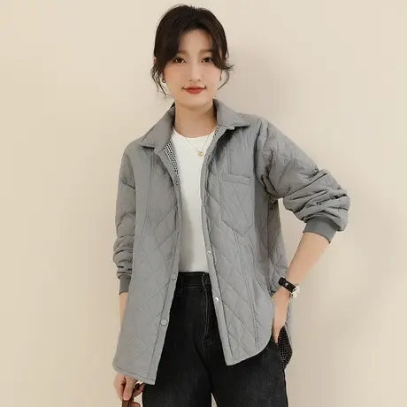 新品8.5折】POLO领菱格纹时尚棉服宽松休闲保暖小棉袄女商品大图