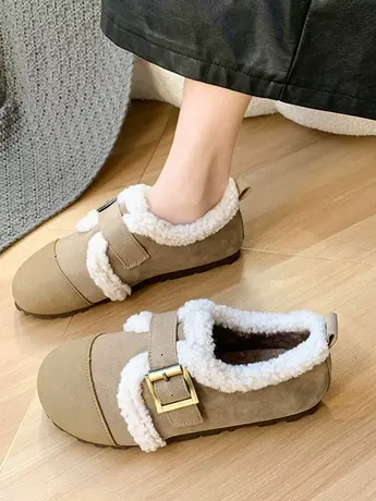 文艺复古加绒勃肯鞋女2023年冬季新款小金扣平底毛毛鞋羊羔毛棉鞋商品大图
