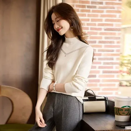 时尚气质毛衣2023年冬季新款女加绒厚款百搭套头半高领内搭上衣商品大图