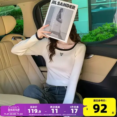 唐狮新款蝴蝶结毛衣2023年春秋毛绒绒撞色边大U领套头毛线衫PO图片