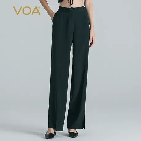VOA流光绿36姆米弹力重磅厚桑蚕丝自然腰侧口袋开叉真丝直筒长裤商品大图