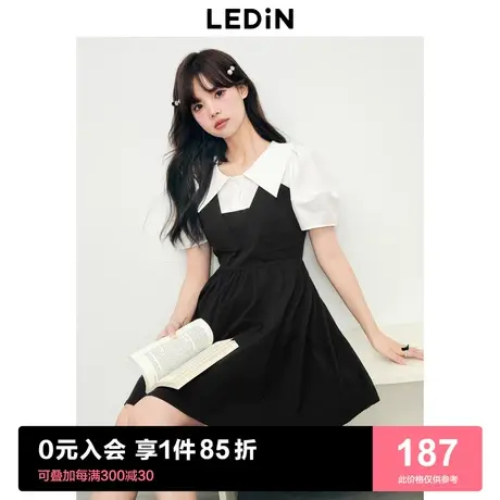 乐町拼色翻领小黑裙2023夏季泡泡袖收腰女装裙显瘦通勤连衣裙图片