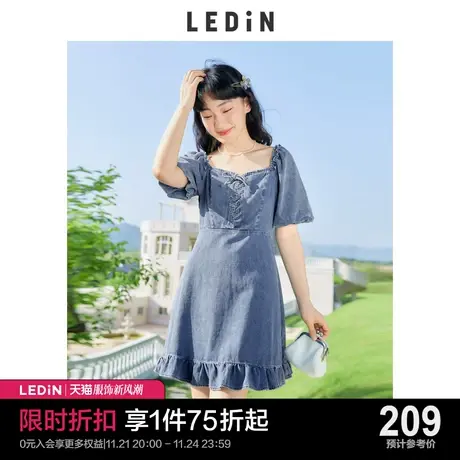 乐町系带牛仔连衣裙休闲春夏新款女装方领短款棉质木耳边裙子商品大图