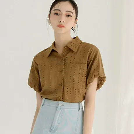 桔熊夏通勤微透立体镂空蕾丝翻领泡泡袖上衣女胖妹妹大码AB18817图片