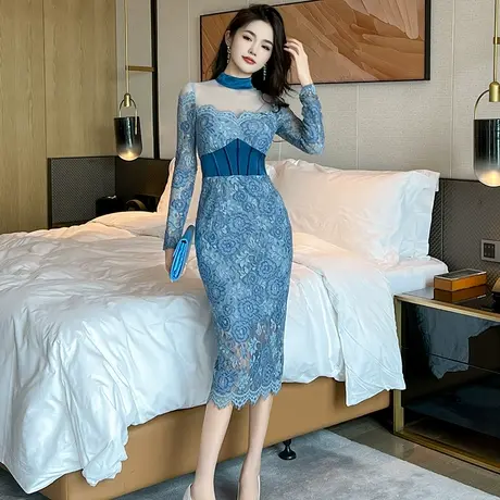 小香风碎花蕾丝连衣裙女2024新款性感镂空显身材优雅绝美包臀裙子商品大图