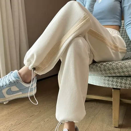 运动裤女宽松春秋季2024新款休闲米白色裤子显瘦直筒束脚阔腿卫裤商品大图