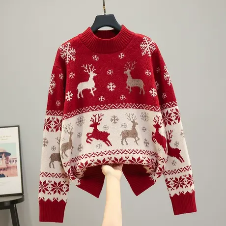 2023春秋新款韩版宽松圆领长袖针织衫打底衫上衣毛衣女士麋鹿内搭商品大图