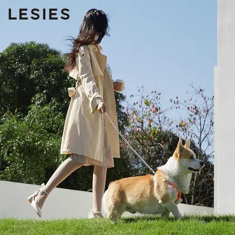 LESIES蓝色倾情春新款通勤纯色大翻领风衣拼格子长款长袖外套图片