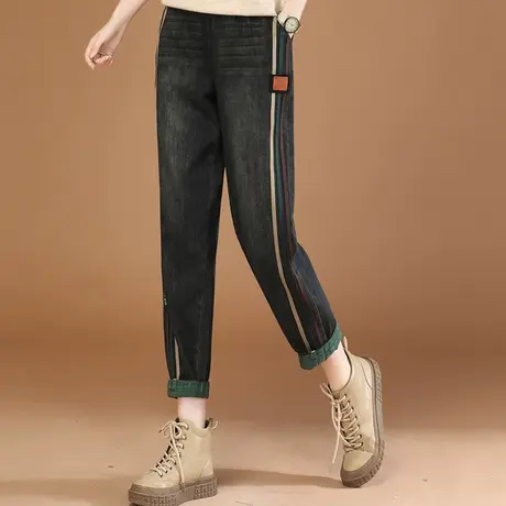 韩潮袭人松紧腰条纹撞色牛仔裤女2024春季新款宽松休闲百搭哈伦裤商品大图