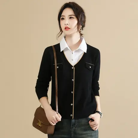 韩潮袭人假两件POLO领黑色针织衫女2023冬季新款修身打底衫毛衣图片