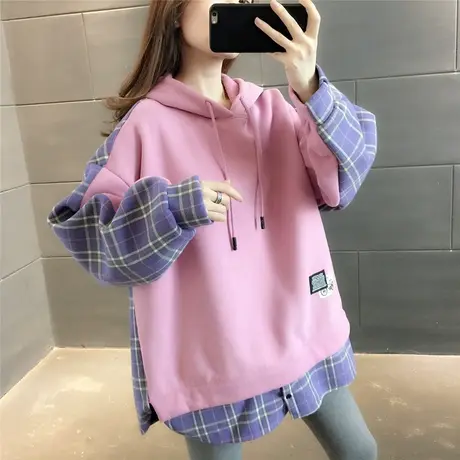 爆款中长款女士卫衣连帽格子衬衫假两件套头上衣2023年秋冬季新款商品大图