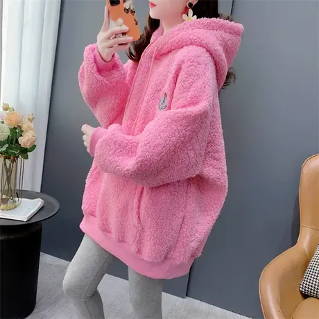 中长款刺绣卡通小熊连帽卫衣女秋冬2023年新款宽松加绒羊羔毛外套商品大图