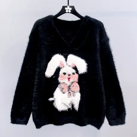 日系甜美卡通兔子水貂绒毛衣女冬季2023新款宽松洋气减龄针织上衣图片