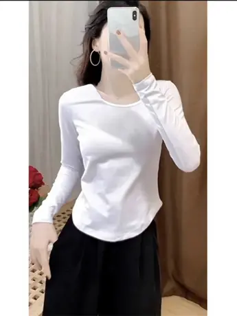 纯欲u领长袖t恤女春秋装2023新款冬季辣妹短款修身内搭打底衫上衣图片