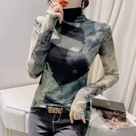 2024春秋新款扎染网纱T恤女长袖内搭高领打底小衫显瘦修身上衣ins商品大图