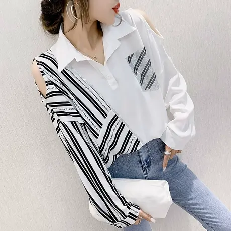 性感露肩衬衫女长袖春秋条纹拼接套头上衣小众设计感烫钻洋气衬衣商品大图