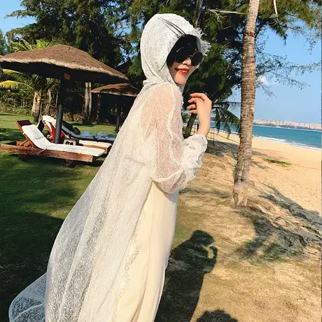 长款防晒衫女开衫春装女2023年新款韩版连帽灯笼袖长袖蕾丝防晒衣商品大图