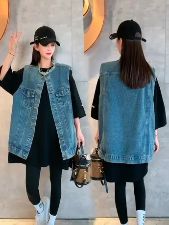 2023春夏新款复古水洗毛边牛仔马夹韩版宽松休闲背心马甲外穿上衣商品大图
