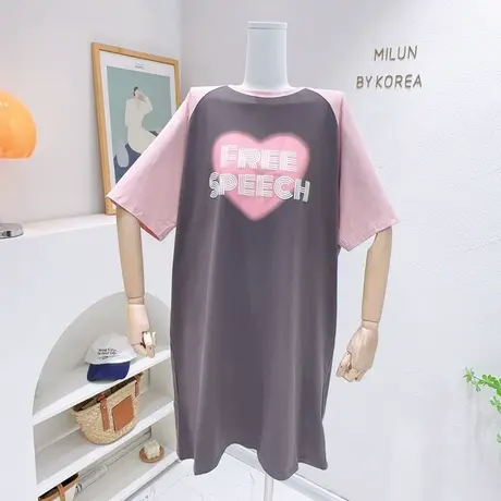 夏季ins爱心字母拼色纯棉短袖休闲连衣裙韩版微胖遮肉中长款T恤裙图片