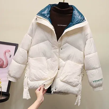 欧洲站2023冬季新款女韩版加厚宽松抽绳棉服立领不规则羽绒棉棉衣图片