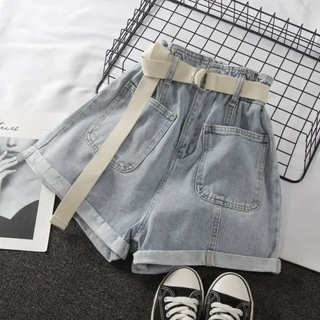 松紧腰卷边牛仔短裤女2023韩版新款高腰显瘦宽松大口袋百搭阔腿裤图片