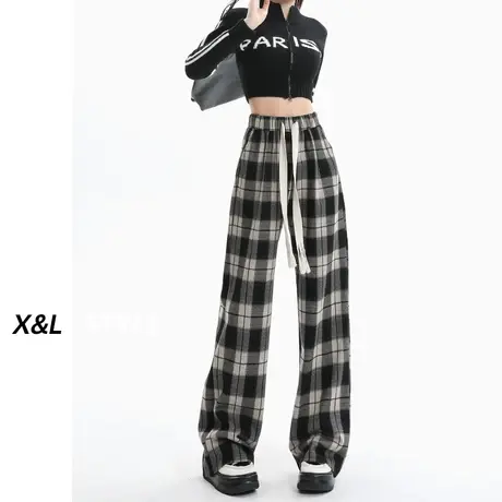 黑白格子休闲裤女秋季2023新款松紧腰抽绳宽松垂坠感直筒阔腿裤子商品大图
