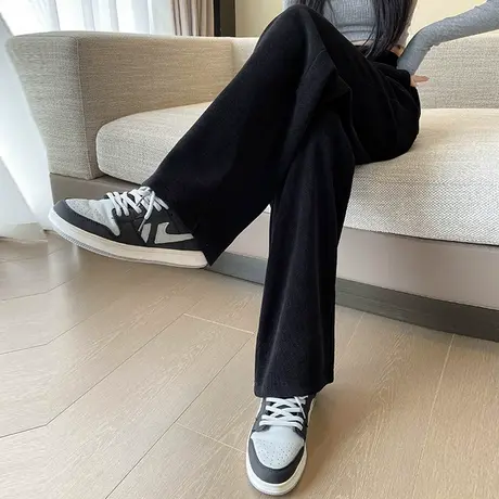 黑色灯芯绒阔腿裤女雪尼尔垂感拖地小个子休闲秋冬条绒直筒裤子图片