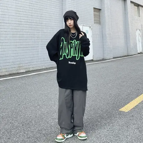 欧美高街国潮印花hiphopT恤男女春秋季长袖宽松甜酷盐系纯棉上衣商品大图