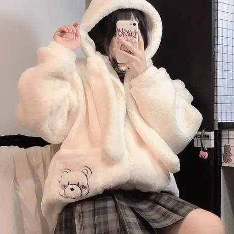 小熊羊羔毛卫衣女2022新款秋冬ins宽松韩版上衣加绒加厚开衫外套图片