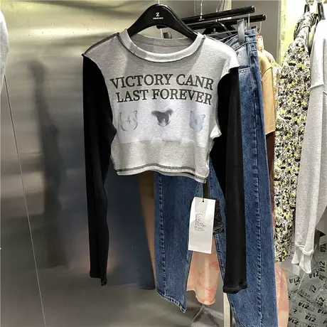 2022年秋装新款时尚洋气时髦拼接设计感小众短款长袖t恤打底衫女商品大图