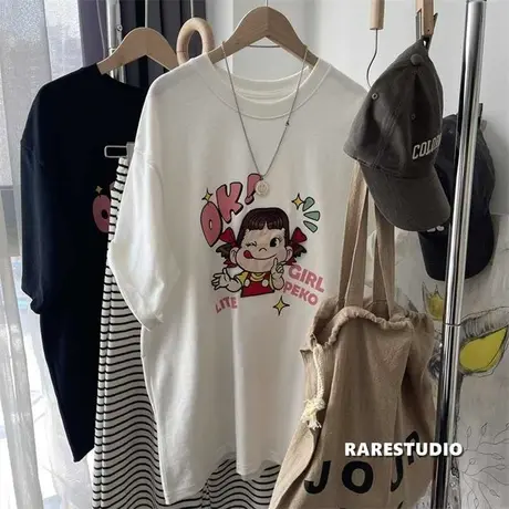韩国东大门贴布刺绣卡通不二家牛奶妹休闲宽松大版显瘦短袖棉T恤商品大图