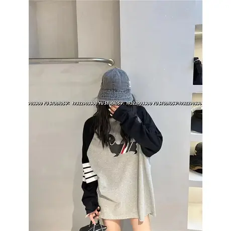 早秋2023新款时尚撞色小狗插肩长袖T恤女百搭宽松圆领中长款T恤裙商品大图