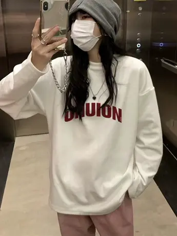 白色仿棉长袖t恤女秋冬季加绒内搭打底衫时尚洋气时髦上衣服外穿商品大图