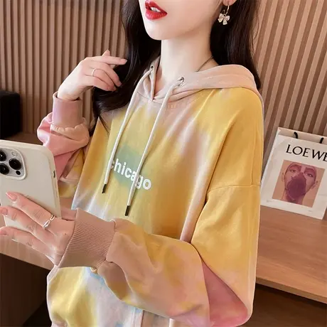 早秋小个子连帽卫衣女2023新款春秋韩版宽松薄款学生百搭扎染外套商品大图