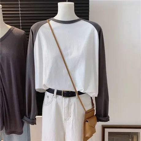 拼色长袖T恤女秋冬季加绒加厚外穿打底衫磨毛德绒插肩袖上衣潮牌商品大图