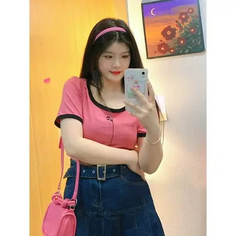 粉色t恤女夏大领口U领设计感小众短袖ins潮修身短款法式锁骨上衣商品大图