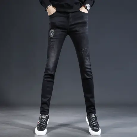 黑色牛仔裤男款秋季2023新款刺绣潮牌修身小脚弹力潮流男士长裤子商品大图