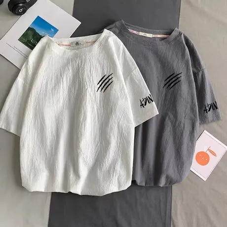 夏季潮流ins棉麻短袖T恤男潮牌宽松抓痕亚麻半袖盐系五分袖体恤衫商品大图