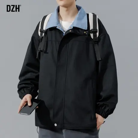 男士黑色假两件外套男秋季工装夹克男款2024新款美式情侣翻领上衣商品大图