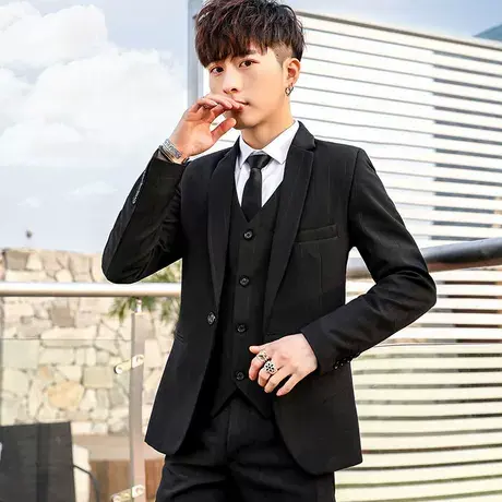 西服男套装商务休闲西装外套韩版修身伴郎新郎结婚礼服黑色职业装图片