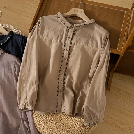 享永子刺绣全棉衬衫女文艺复古宽松休闲衬衣上衣气质2024秋季新款商品大图