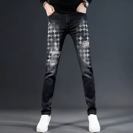 欧美牛仔裤男款修身小脚秋冬款激光印花高端弹力潮流男士裤子黑色商品大图