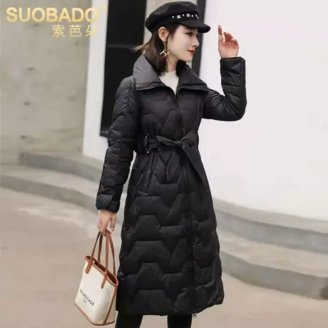 2023新款过膝长款白鸭绒羽绒服女系带收腰纯色修身保暖外套大衣女商品大图