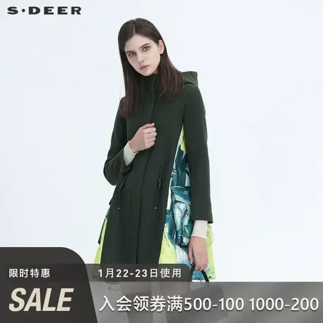 sdeer圣迪奥冬季高领连帽涂鸦印花收腰中长款毛呢大衣女S20481702🏳商品大图