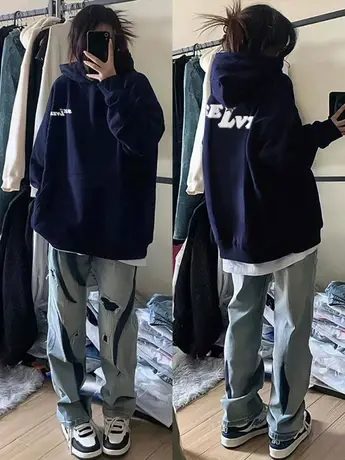 美式复古潮牌hiphop连帽卫衣女秋冬oversize宽松慵懒加绒加厚外套商品大图