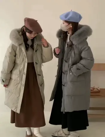 牛角扣羽绒服女中长款2023新款冬季洋气宽松加厚90白鸭绒长款外套图片