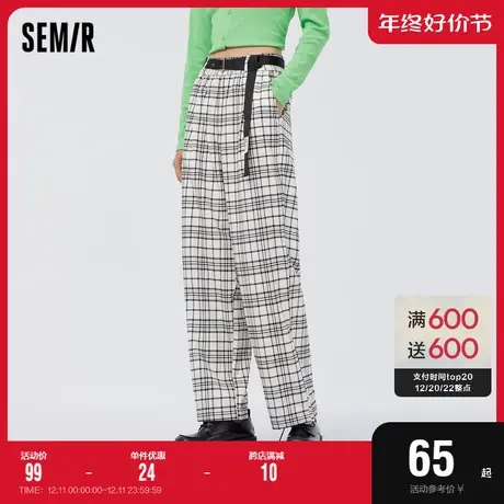 森马休闲裤女束脚直筒裤气质显瘦春季文艺格子长裤时尚复古风盐系商品大图