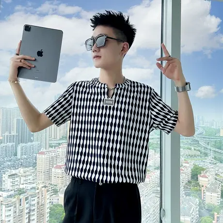 夏季薄款短袖T恤男士修身潮流体恤青年学生条纹潮牌时尚半袖衣服商品大图