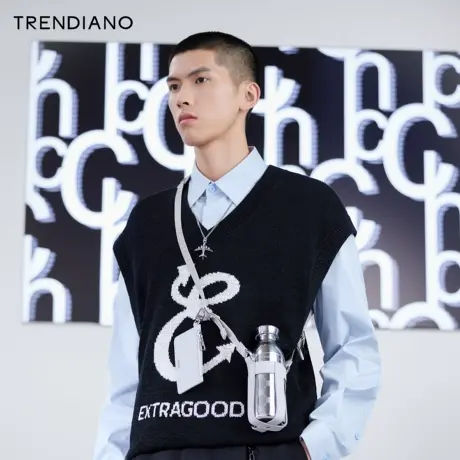 TRENDIANO潮牌官方新款秋冬男装时尚毛衣撞色提花V领针织背心图片